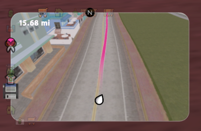 The Radar mod's in-game panel: a compass, distance readout and a pink GPS route ribbon down the road ahead